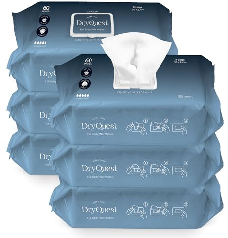 DryQuest Full Body Wet Wipes Extra Large 30 x 30cm, Pack of 360 – Soft & Moist Rinse-Free Bed Bath Wipes for Adults with Aloe Vera & Chamomile Extract, Formulated for Sensitive Skin