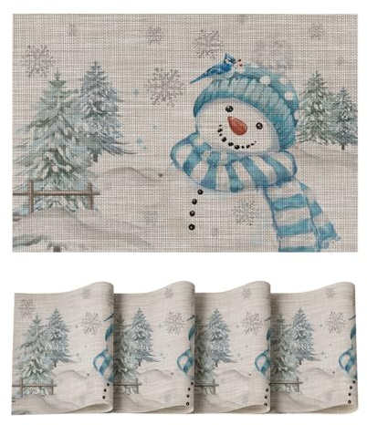 Artoid Mode Blau Schneemann Weihnachten PVC Platzsets 4er Set, 30x45cm Winter Tischsets Schmutzabweisend Hitzebeständig Platzdeckchen Küche Deko