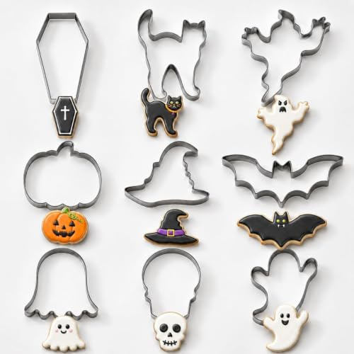 Halloween Ausstechformen Set, 9 Stück Edelstahl | Geist, Fledermaus, Katze, Kürbis, Totenkopf, Sarg und Hexenhut für Teig und Fondant