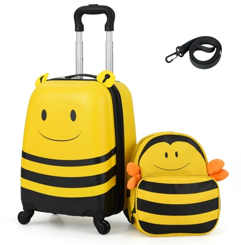 DREAMADE Kinderkoffer zum Draufsitzen, 2 TLG. Kinderkoffer mit Rucksack, Kindergepäck Trolley zum Reisen, Reisetrolley Kinder Trolley Set (Gelb-Biene, 16 Zoll +12 Zoll)