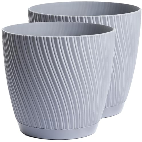 Home Garden Ornaments Large Plant Pots Indoor – Set of 2 with Drainage & Saucer Swing Indoor Plant Pot, Decorative Striped Flower Plastic Planter Design, 5 Colours & 6 Sizes (27cm / 10.6 inch, Grey)