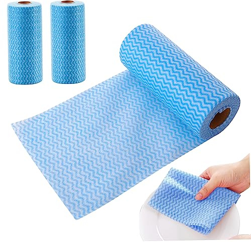 Kitchen Cloth 3 Rolls 150 Sheets Disposable Cleaning Cloths All Purpose Dish Cloths Non Woven Blue Wash Free for Kitchen Bathroom Window Glass, Disposable Dish