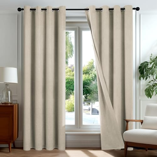 Deconovo Total Blackout Curtains 90 Inch Double-sided Faux Linen Thermal Insulated Eyelet Curtains for Living Room, W66 x L90 Inch Pale Khaki One Pair