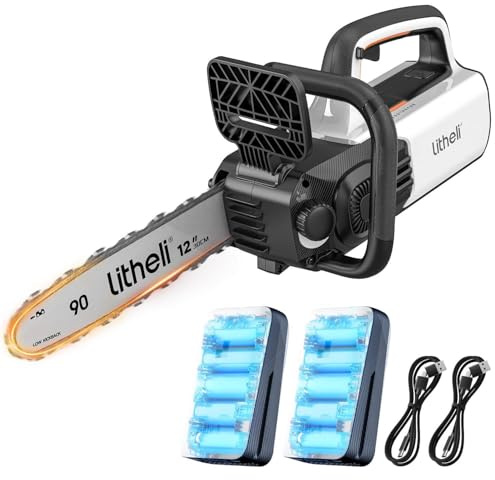 Litheli Motosega a Batteria 30 cm, Motore Brushless, Lubrificazione Automatica della Catena, 2 Batterie da 10.000 mAh Incluse, per Potatura, Giardinaggio e Lavori su Legno