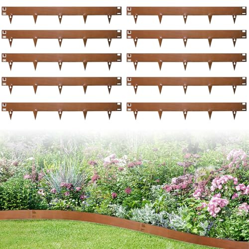 Worshow Lawn Edging Border, Garden Edging, 10Pcs Total 10.75m Corten Steel Edging, 16.5cm Height Flexible Metal Landscape Edging, Decorative Pathway Border Strips for Flower Bed,Grass,Path, No Digging