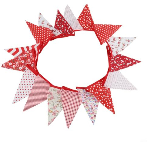 Zilimontt Festone vintage in tessuto di cotone floreale con 36 bandiere triangolari per matrimoni, feste di compleanno, giardino, decorazione esterna (rosso)