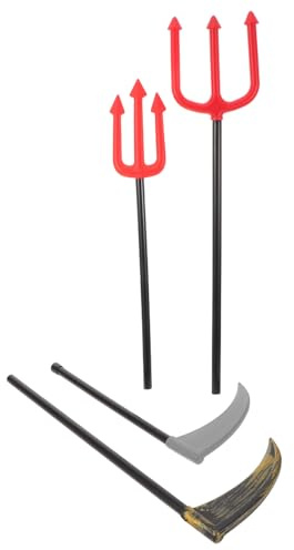 Ciieeo 4 Piezas de Hoces de Plástico para Halloween Accesorios para Cosplay y Disfraces Infantiles Hoz Decorativa Vintage de 51 CM y 385 CM Tridentes Rojos para Fiestas y Actuaciones