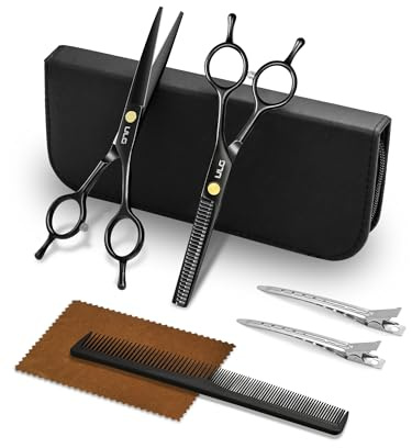 ULG Professionelles Haarschneide-Scheren-Set - 16,5 cm japanische Edelstahl-Barbierschere & Ausdünnungsschere mit Kamm, Clips & Etui - Salon-Haarschneide-Set für Männer, Frauen, Kinder, schwarz