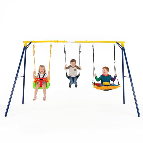 Maxmass 3 in 1 Kids Swing Set, Garden Swing Frame with Platform & Belt & Baby Swings, Outdoor Metal Swings Children Playground Playset for 3-10 Years Old (346 x 182 x 186cm, 150kg Weight Capacity)