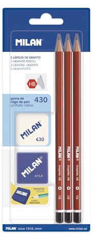 Milan bym10016 – Blister con 3 matite grafite, temperino e gomma da cancellare, 5 Pezzi