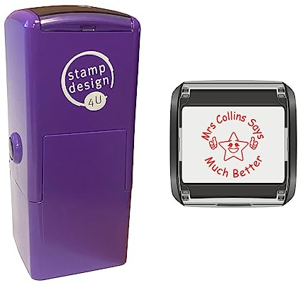 SD4U Smiley Star Design in Red with 2 Lines of Custom Text | Personalise 2 lines of text; clear impression, Red ink; self-inking for business and everyday office use.
