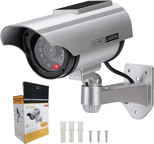 AlfaView Fake Dummy Imitation CCTV Security Camera, Fake Solar Powered Surveillance Camera with Flashing LED Light Bullet Shape, Dummy CCTV Camera Outdoor Indoor Use for Homes & Business