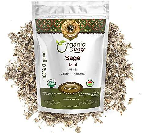 Organic Way Dried Sage Leaf Whole (Salvia officinalis) - European Wild-Harvest | Organic & Kosher Certified | Vegan, Non GMO & Gluten Free | USDA Certified | Origin - Albania (1/4 LBS - 4 Oz)