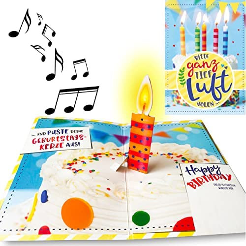 bentino Geburtstagskarte mit MUSIK und LEUCHTENDER PopUp Kerze zum AUSPUSTEN. Spielt den Song Celebration (Coverversion), DIN A5 Set mit Umschlag