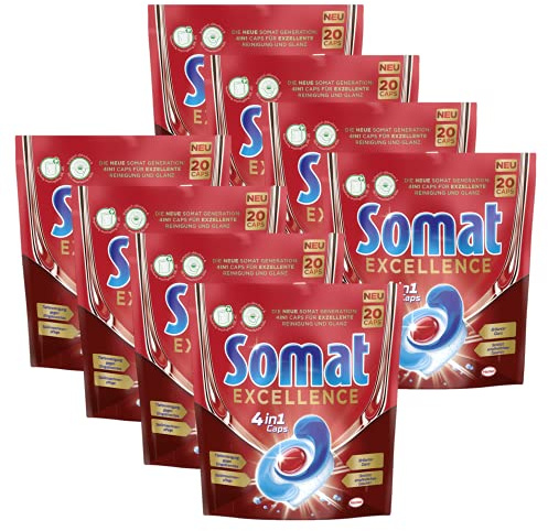 Somat Excellence 4in1 Caps, 160 (8 x 20) Caps, Spülmaschinen-Caps für exzellente Reinigung, brillanten Glanz und sorgfältige Pflege für Geschirr und Spülmaschine