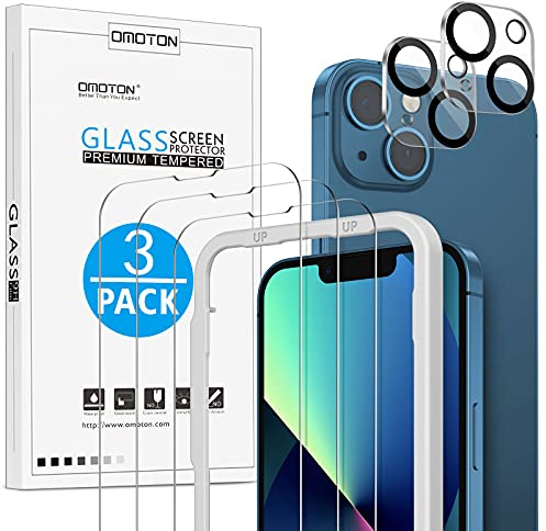 OMOTON für iPhone 13 Panzer Schutz Glas mit Montagerahmen, 3+2 Stück | Kameraschutz, Bläschenfrei, Kratzfest, Hüllenkompatibel, Ultra HD, Bruchsicher & 9H Härte Schutzfolie für iPhone 13