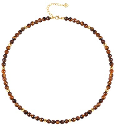PEARLADA Tiger Eye Beaded Choker, Healing Crystal Necklace for Women, 18k Gold Plated Bead Charm Necklace