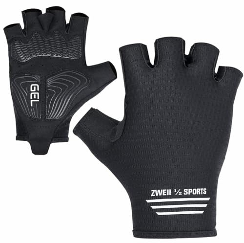 Zweii ½ Sports Herren Damen Fahrradhandschuhe Halbfinger Atmungsaktiv Freizeit Sommer Fahrradhandschuhe Gel Dämpfung Atmungsaktiv Anti-Rutsch Outdoor MTB Handschuhe (L, Schwarz - Weiß)