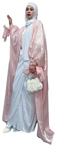 herocome Muslim Dress Elegant Dubai Dubai Long Dress with Puff Sleeves Muslim Cardigan Abaya Kaftan Open Front Dress for Women Spring Eid Abaya Dubai Dubai Long for, Pink, XL