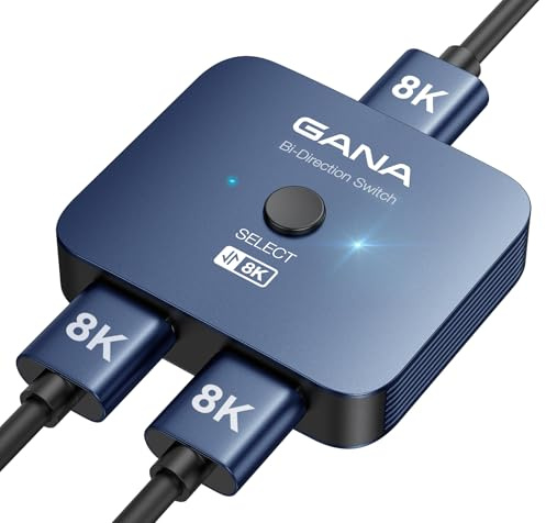 GANA 8K HDMI Splitter, HDMI 2.1 Switch Ultra HD 48Gbps Aluminium Bidirektional HD MI Switcher 2 In 1 Out, Verteiler Unterstützt für TV/PS5/Xbox