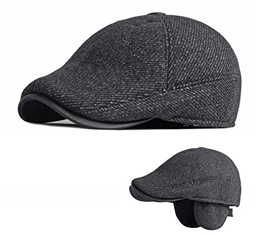 MUYAN Herren Schiebermütze mit Ohrenklappen Flatcap Schirmmütze Wolle Ohrenmütze Herbst/Wintercap (ausklappbar) (Tweed -Schwarz)