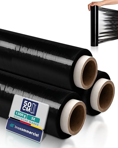 Inoverse 3 Rollen Stretchfolie Schwarz, 50cm/230 m - 1.5kg, Folie Für Möbel & Umzug, Palettenfolie, Wickelfolie, Verpackungsfolie auf Rolle, Strechfolienrolle, Verpackungsmaterial, Schwarz Folie