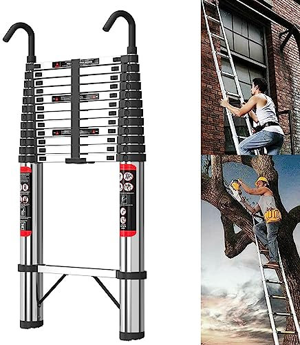 4.4M Telescopic Ladder with Roof Hooks, Telescoping Extension Ladder Stainless Steel Portable & Foldable, 330lbs Load Capacity for Home Kitchen Garden Garage DIY Projects
