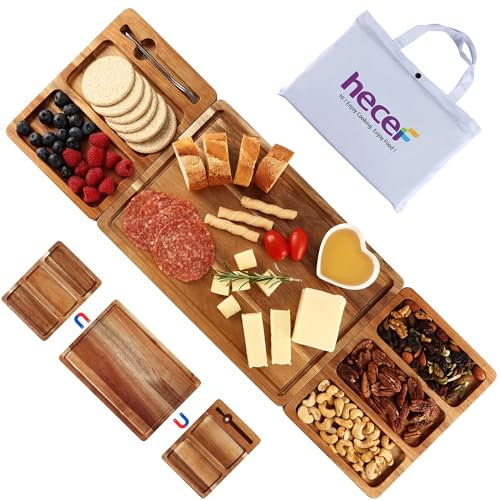 hecef 3-in-1 Käsebrett Set mit Dessertgabeln und Tragetasche, Schneidebrett Groß und 2 Kleinen Snackteller mit Integriertem Magnet, Akazienholz Servierplatte für Jahrestag, Hochzeit, Weihnachten
