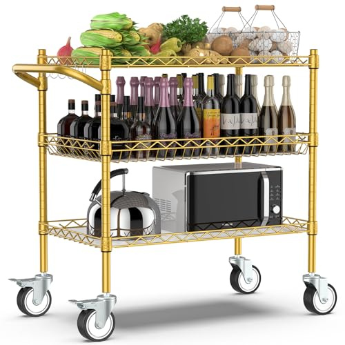 Leteuke 3 Tier Rolling Carts with Wheels,Heavy Duty Utility Bar Cart,NSF Commercial Grade Metal Cart with Handle&Shelf Liner,Trolley Serving Cart for Kitchen,Restaurant,Plant Display,Gold