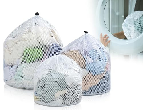 KAPSING 3 Stück Wäschenetz, 3 Größen Wäschenetz für Waschmaschine, Wiederverwendbare grobes Mesh Wäschenetze mit Kordelstopper(30 * 40/40 * 50/50 * 60cm)