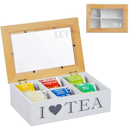 Relaxdays Scatola Porta tè e Tisane, Organizer Cassetti 6 Scomparti, 7x23x16 cm Tea Box con Coperchio Bianco/Naturale, 7 x 23 x 16 cm