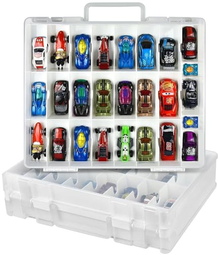 Xuerdon Aufbewahrungskoffer für Hot Wheels und für Matchbox, Doppelseitig | 48 Fächer, Robuste Kunststoffbox, Beidseitig zu öffnen, Verstellbar; für Kinderzimmer, Reisen und Sammler, nur Koffer