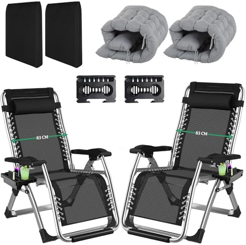 Fiutazge 2Pcs 83cm Extra Bredd Solstol, Zero Gravity Stolar, Hopfällbar Solstol, Med kudde, Nackstöd, Mugghållare, solstolsskydd, trädgårdsstol, vikbar för uteplats, trädgård, strand,Grå