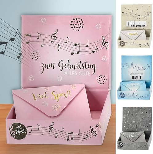 Geschenkbox mit Musik 4er Set | bunt 9x7x3,5cm Karton | Klappbox Briefumschlag Happy Birthday Sound (1 x 4er Set Geschenkbox Musik)