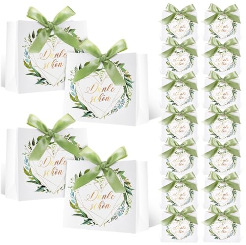 Tenare 30 Stück Dankeschön Gastgeschenke Hochzeit Geschenktüte Danke mit Schleifen Geschenktaschen mit Eukalyptusblättermuster Papiertüten für Süßigkeiten Geburtstag Party