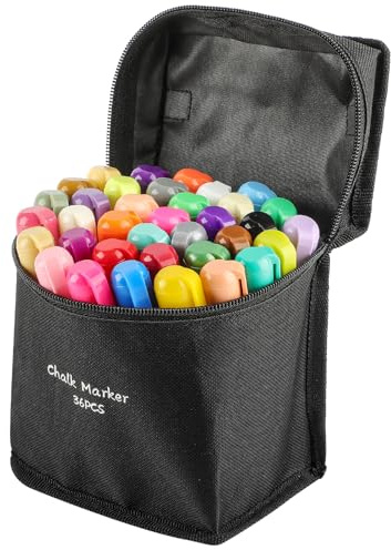 MaxGear Liquid Chalk Markers, 36 Color Wet Erase Chalk Pens with Reversible Bullet and Chisel Tips, 6mm Washable Markers for Chalkboard, Glass, Window, Mirror, Blackboard, 36 Pack with Storage Bag