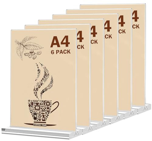 6 Stück Tischaufsteller A4, Preisschilder Aufsteller A4, Tischständer Acryl T-Ständer für Prospekte Menükarte Werbung Fotorahmen, Menükartenhalter für Restaurant, Café, Büro, Fotos, Geschäfte, Shop