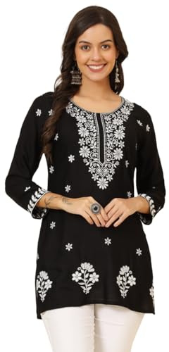 The Red Lion Enterprise Indian Hand Embroidered Chikankari Women's Straight Reyon Short Kurta Kurti Tunic for women, Black, XL