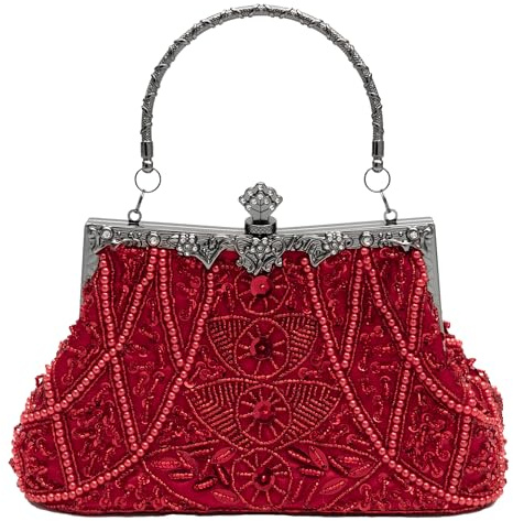 lapulio Bolso de noche vintage con cuentas de hojas florales y lentejuelas, elegante bolso de mano para mujer, para novias, bailes, fiestas y formales, Rojo -