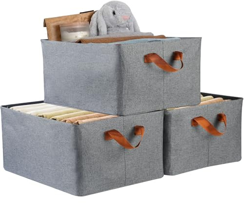 Aufbewahrungsbox Stoff, 3er Set Faltbare Kleiderschrank Organizer 41×32×20 cm, Aufbewahrungskorb mit Griffen, Grau Faltbox mit Metallträger, Stoffboxen Aufbewahrung für Schrank, Regal, Kleidung