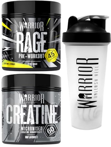 Bundle Warrior Rage Pre-Workout 392g + Creatine Monohydrate Powder 300g + Shaker 600ml - Improve Physical Performance and Recovery (Lightnin' Lemonade)