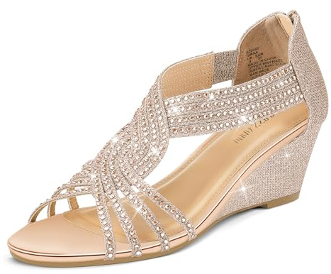 PIZZ ANNU Womens Sandals Mid Wedge Heel Sparkly Glitter Shoes for Ladies Strappy Rhinestones Bridal Wedding Prom Party Rose Gold Size 4