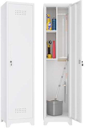 NICEGDLT Broom Closet Utility Storage Cabinet with Locking Door and 2 Shelves, 65 H Slim Tool Cabinet for Broom and Mops, with Hanging Rod and Hooks for Home Office,White