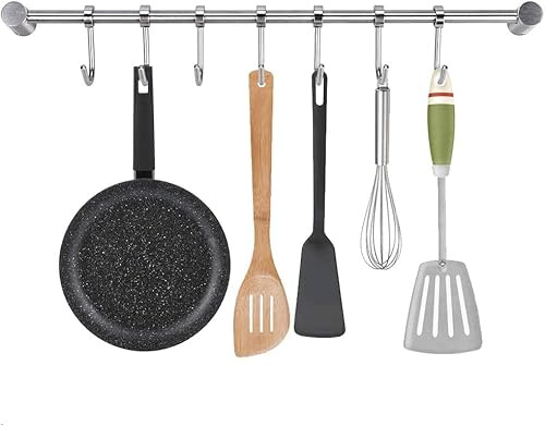 Générique Barre de Cuisine Murale 40cm Porte-Ustensile à 7 Crochets Ajustables Barre de Crédence en Acier Inoxydable Chargé Max de 30kg pour Salle de Bains et Cuisine avec Vis - Argent
