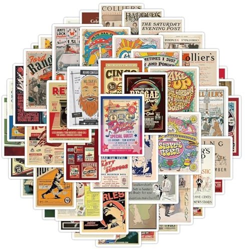 50 Pcs Vintage Posters Nostalgic Stickers Laptop Car Scrapbook Phone Skateboard Suitcase Luggage Bike Cool Retro Vinyl Waterproof Aesthetic Personalised Stickers for Teens Boys Girls Adults