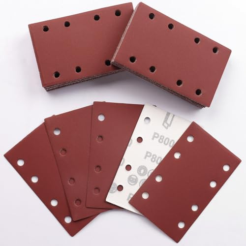 Sruhrak Schleifpapier 80x133mm Klett Set, 50 Stück Körnung 800 Schleifpad | Professional Rechteckiges Schleifblatt für Schwingschleifer, 8 Löcher Schleifblätter für Holz, Metall, Lack, Farbe