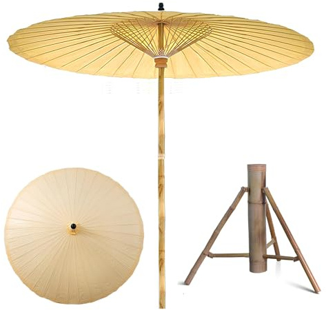 XUQQU 2.0m Japanese Handmade Oil Paper Umbrella, Retro Chinese Style Garden Parasol, Outdoor Terrace Beach Umbrella, With Base, Multiple Colors Available(Light yellow)