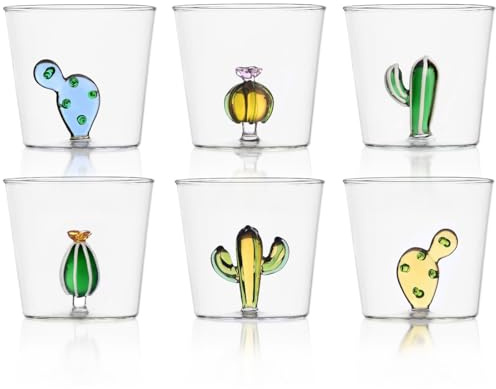 Ichendorf Milano Set di 6 Tumbler, Collezione Desert Plants, 30 cl, Vetro Borosilicato, Fatto a Mano | Set 6 Tumbler Ichendorf Milano Desert Plants – Bicchieri in Vetro Artigianali con CactusIl Set 6 Tumbler “Desert Plants” di