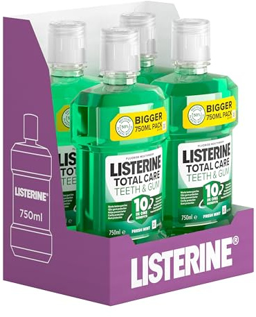 Listerine Total Care Teeth and Gum Mouthwash (4 x 750ml), 10-in-1 Benefits for Total Oral Care, to Maintain a Clean and Healthy Mouth