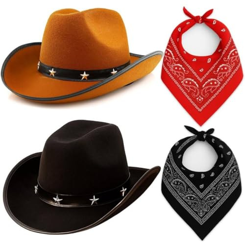 4 Pack Cowboy Dress-Up Set – Black & Brown Star-Studded Cowboy Hats with Red & Black Bandanas – Western Fancy Dress for Hen Parties, Stag Dos, Halloween & Themed Events